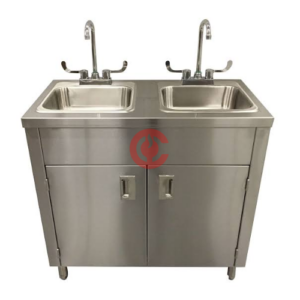 Commercial Stainless Steel Double Bowl Hand Wash Station with Storage Cabinet