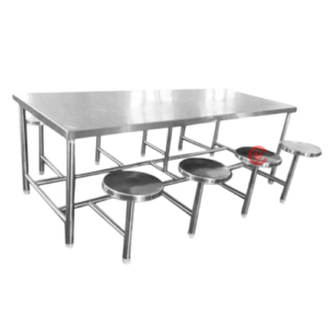 Commercial Stainless Steel Dining Table with Attached Round Stools
